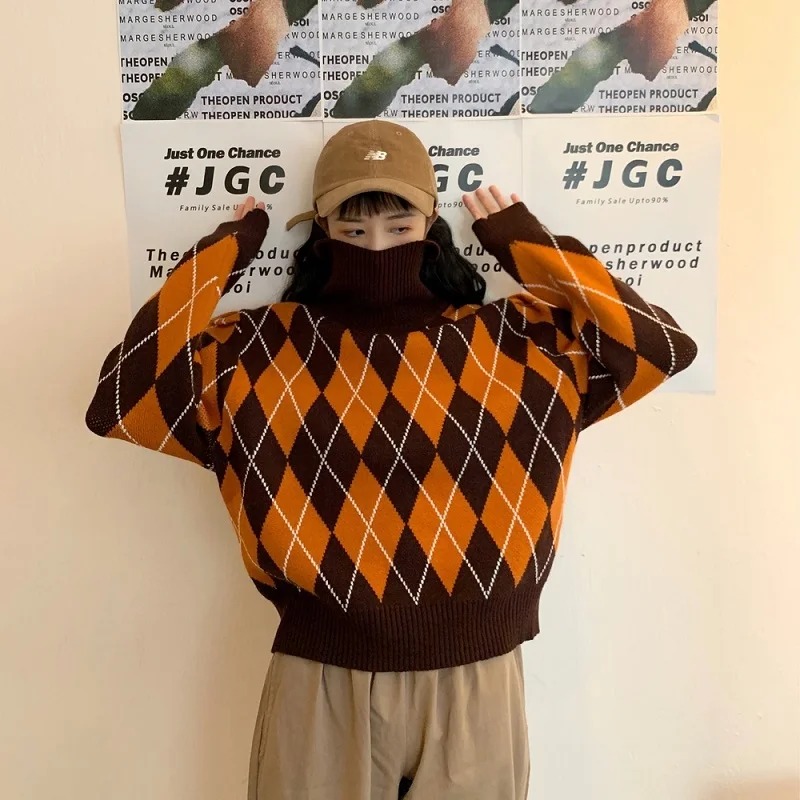 GRUIICEEN Новая мода зима 3 цвета Argyle Водолазка пуловер вязаный свитер женский GY2019901