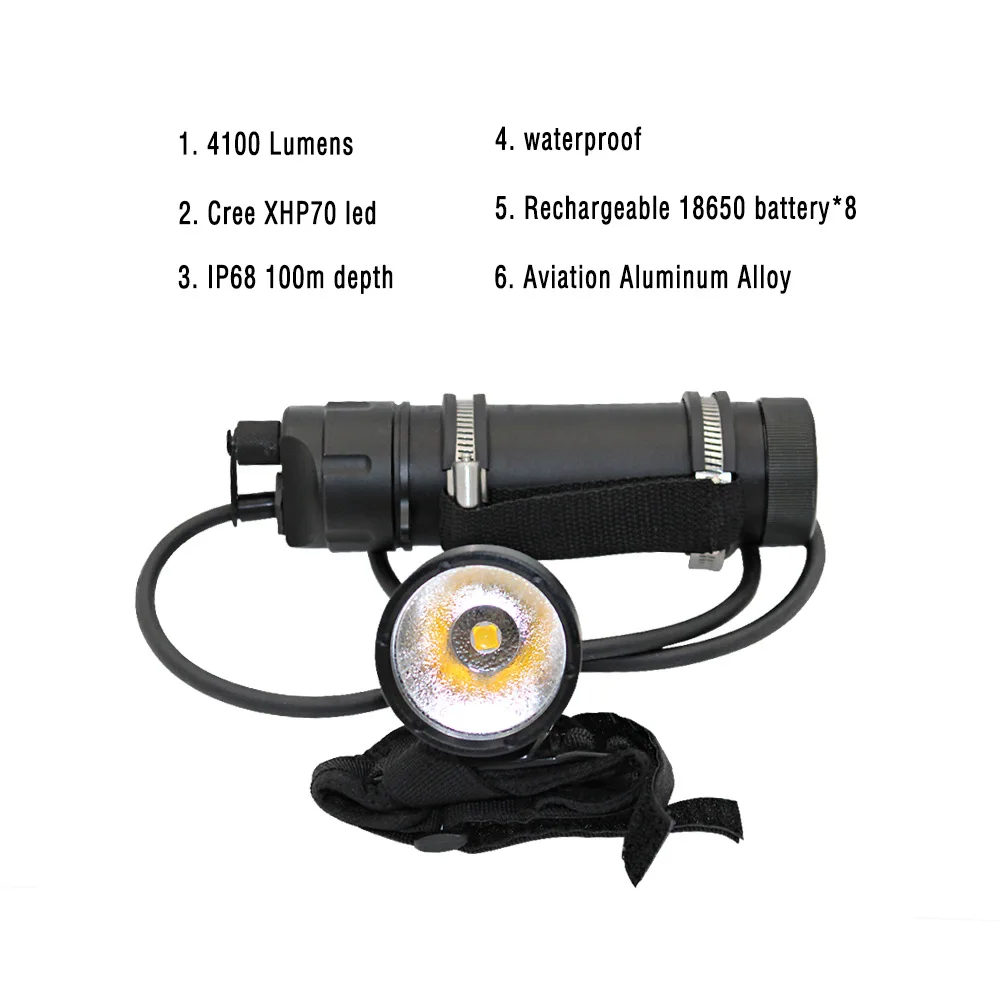 

Free Shipping 4000 lm XHP70 LED Canister Diving Light with Yellow color Light Diving Lamp with Built-in 8x18650 Li-battery D028