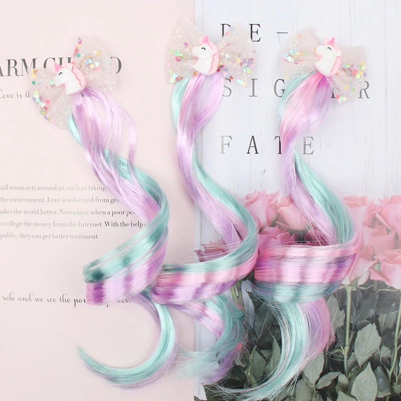 36CM Unicorn Hair Bows for Girls Sequin Net Yarn Clips Long Wig Cxz Rmlt 