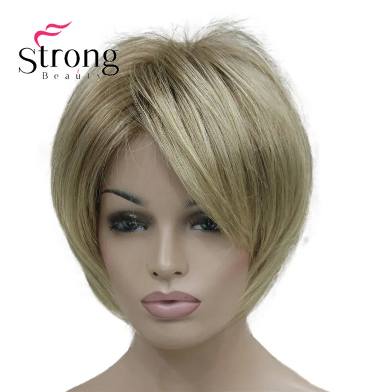 5969 #AB602 New charming blonde mix with brown root women' short straight wig (1)
