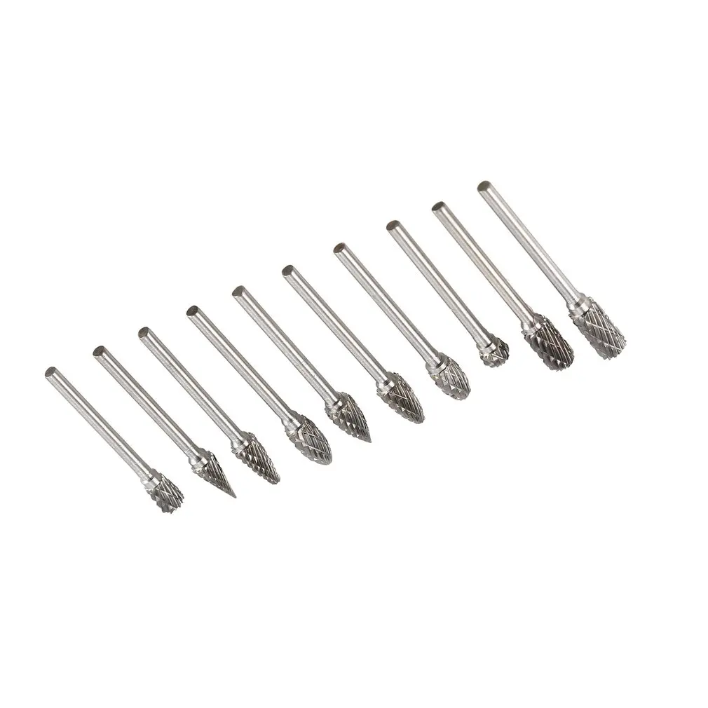 10pcs 6mm Shank Tungsten Steel Solid Carbide Rotary Files Rasp Diamond Burrs Set for Woodworking Drilling Carving Engraving