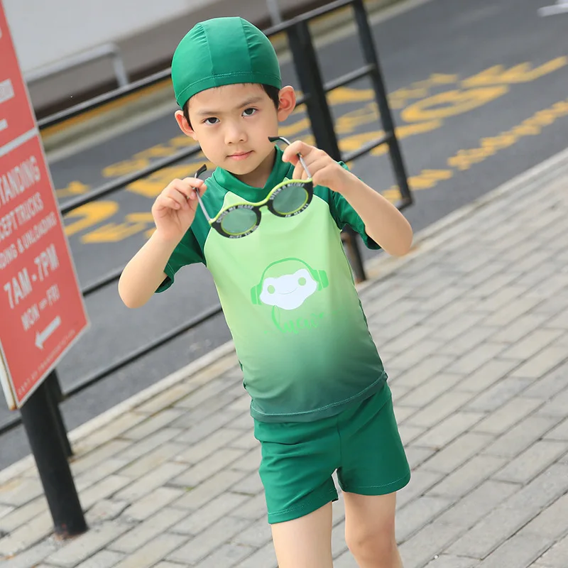 

2018 New Style KID'S Swimwear Solid Color Cartoon Split Type Boxer with Swim Cap Middle And Large BOY'S Boy Bathing Suit 7290