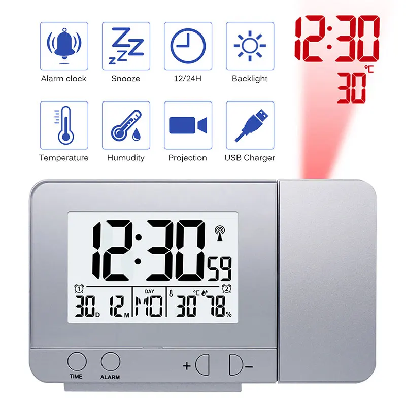 

Led Alarm Clock Projector Alarm Clock 180° Rotation Multifunction Economic Weather Projection Fashion Display LCD Digital LED