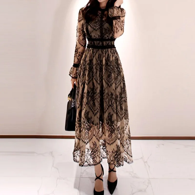 2020 spring Elegant Sexy Dress for Women Vintage Lace Long Sleeve O-Neck Robe Femme OL Casual slim Woman Party Long Dresses