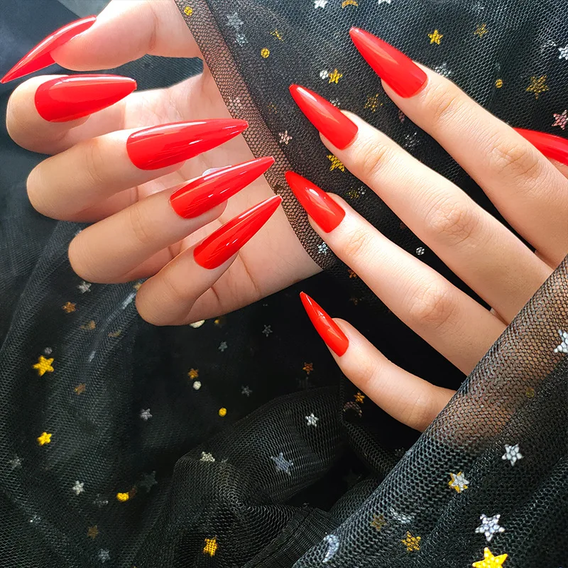Extra Long Almond Shape Stiletto Pointed Glossy Red Fake Nails Reusable Ultra Thin Solid Color False Nails With Glue Sticker Aliexpress Beauty Health