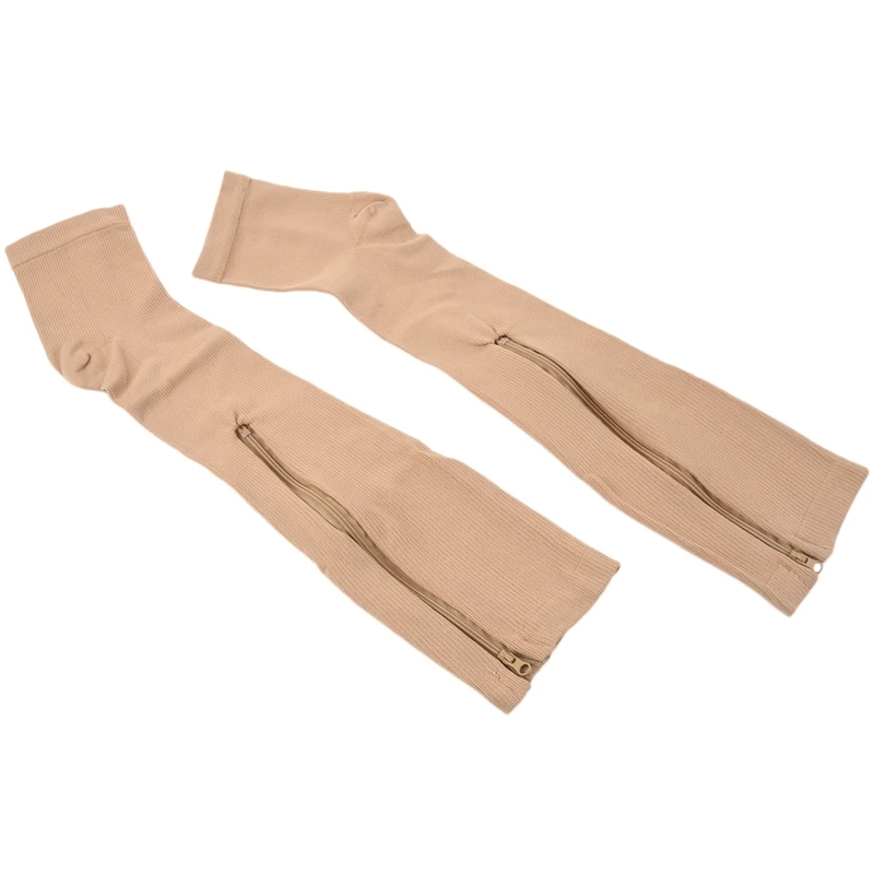 Высокое качество, мужские и женские гольфы с открытым носком, Анти-усталость, на молнии, компрессионные носки для ног, бежевые, L