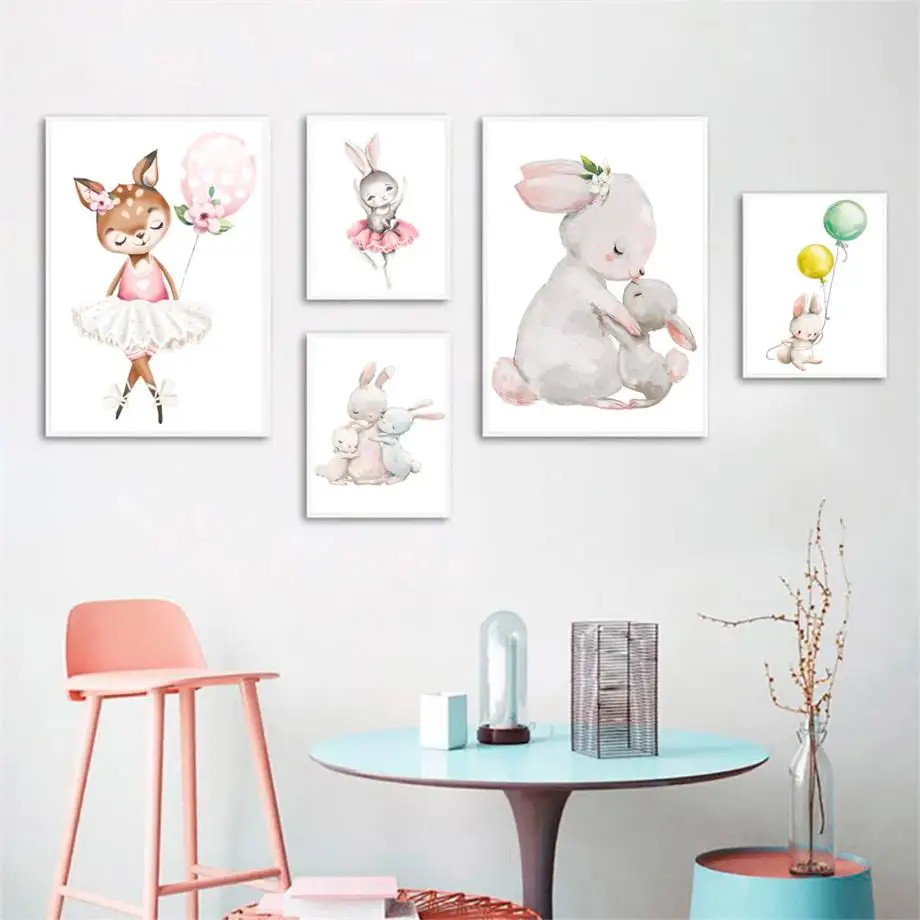 Rabbit Deer Balloon Children Cartoon Nordic Posters And Prints Wall Art Canvas Painting Pictures Kids Room Nursery Decor | Дом и сад