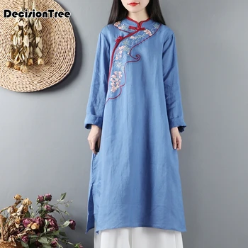 

2020 women loose dress cheongsams cotton linen women qipao full sleeve vintage plaid print qipao chinese dress girls cheongsam