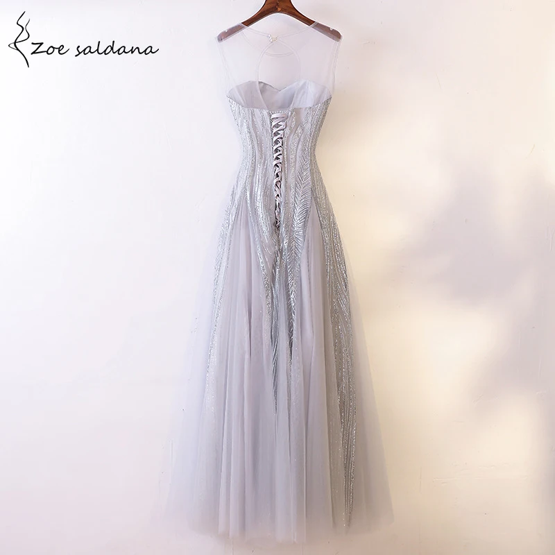 

Zoe Saldana Evening Party Dresses tulle mesh o-neck sleeveless sequins crystal slim Banquet Dress Prom Gowns Robe De Soiree