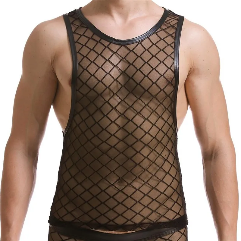 Mens Sexy Diamond Shape Mesh Sleeveless Tank Top Perspective Sheer Thin Stretch Fitness Casual o-neck Vest Undershirt