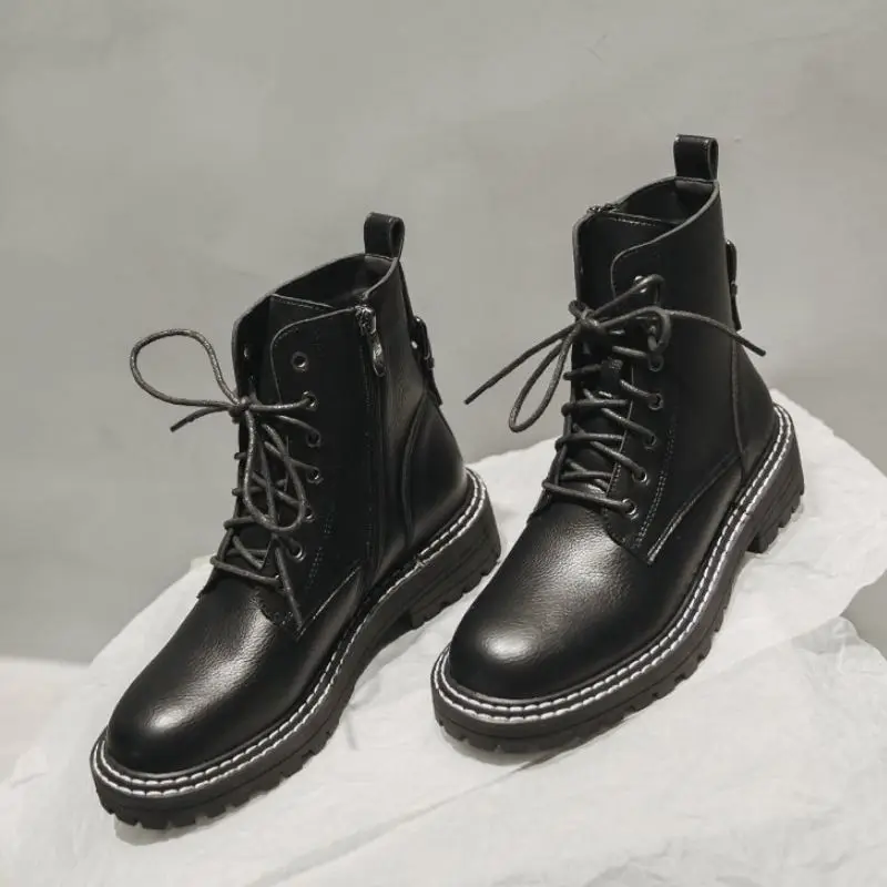 Taoffen/ботильоны для женщин; Офисная Женская обувь в стиле панк; обувь на плоской подошве с круглым носком и шнуровкой; черная кожаная нейтральная обувь на платформе; Размеры 35-39
