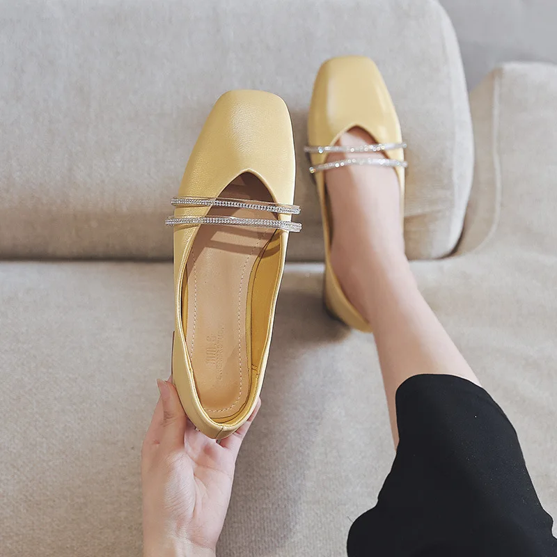 

W Red Man Low Documentary Shoes 2019 Summer Versatile Low-Cut Square Head Shoes Man-made Diamond Grandma Shoes Women's Chunky-He