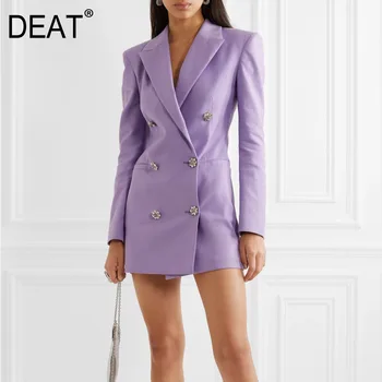 

DEAT 2020 New Spring Summer Fashion Streetwear Long Sleeve Rhinestone Double Row Button Suit Purple Blazer Coat Women SB850