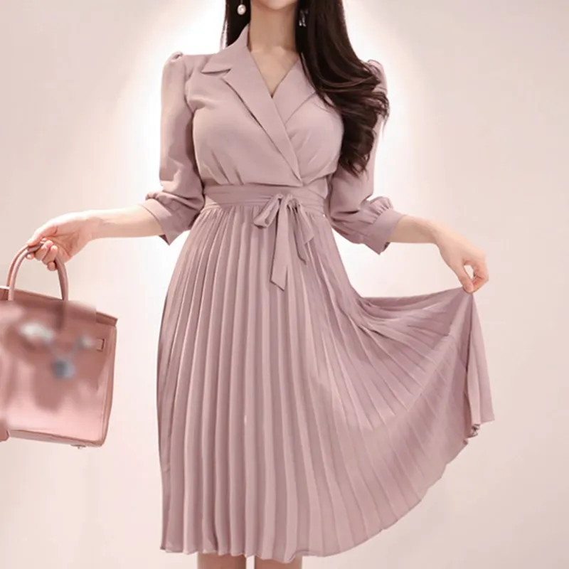 

Fall Women 2019 New Notched Neck Pleated Dress Draped Lace Up Bow A-Line Dresses Elegant Work Wear Business Vestidos