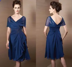 Navy Blue Mother Of The Bride Dresses 2021 A-line V-neck Chiffon Applique Beaded Groom Short Customed