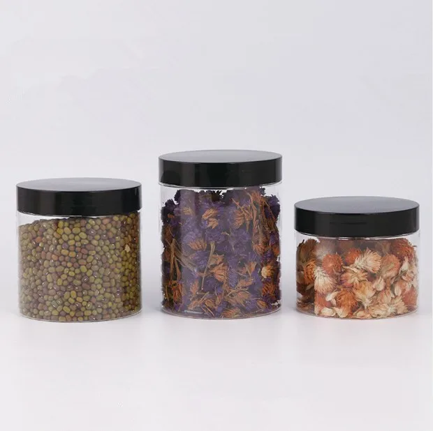 Wholesale 100pcs Clear Flower Tea Jar, Plastic Pot Box Transparent Cosmetic Container with Black Plastic Lids