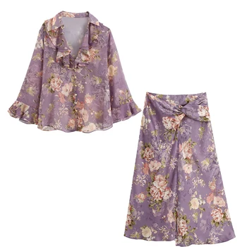 

2020 New Summer Women Two piece set Printed Flowing Blouse Ruffled Top & Satin Finish Midi Skirt zip ensemble femme