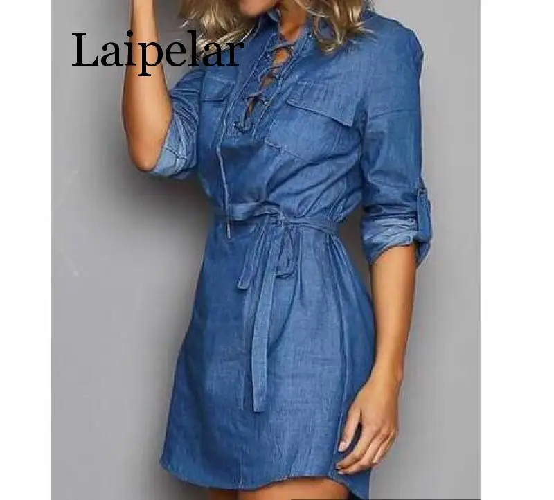 

Autumn Denim Dress Laipelar Women Mini Dress Long Sleeve Turn Down Collar Bandage Lace Up Dresses Sexy Ladies Vestidos