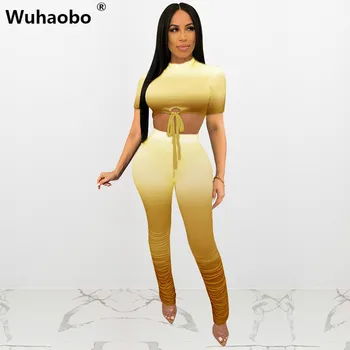 

Wuhaobo Casual Gradient Sport 2 Piece Set Women Bandage Crop Tops + Stacked Sweatpants Elegant Bodysuit Tracksuit Women Sets