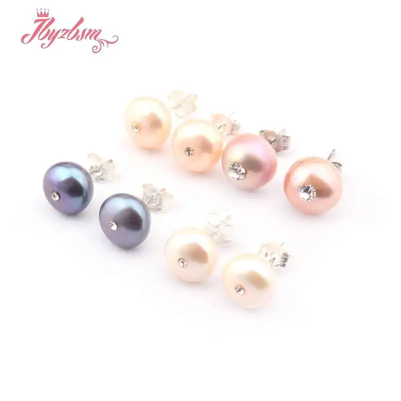 

9mm Round Beads Genuine Freshwater Pearl Natural Stone Beads Silver Plated Fashion Woman Gift Earrings 1 Pair Free Shipping
