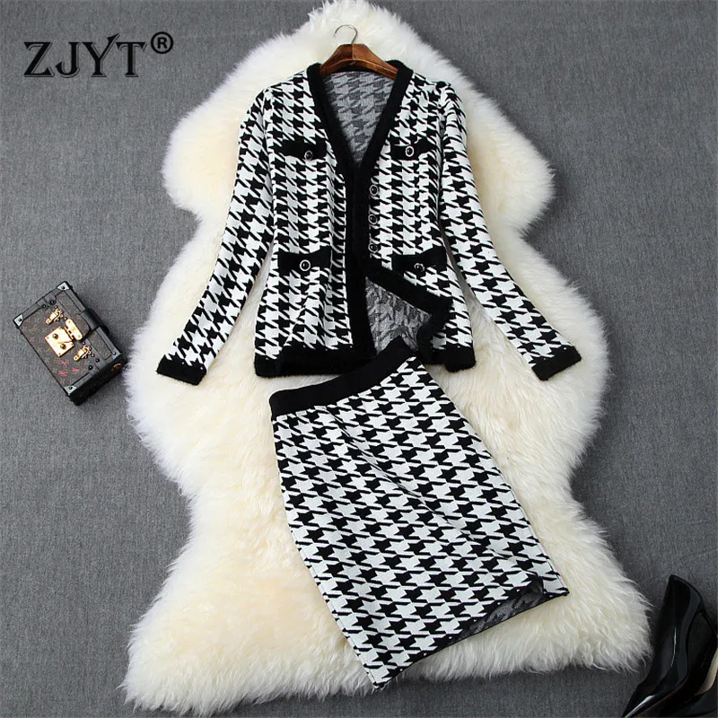 

2019 New Fashion Autumn Winter Skirt 2Piece Set Women Clothes Long Sleeve Plaid Cardigans Sweater Top and Skirt Suit Set Casual