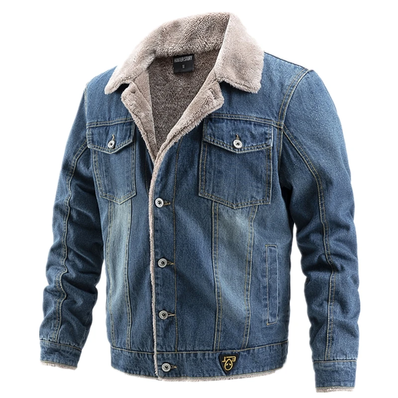 AIOPESON Plus Velvet Thick Denim Jacket Men Casual Lapel Cotton Jeans Jacket Men Fur Collar Warm Winter Mens Jackets And Coats 1