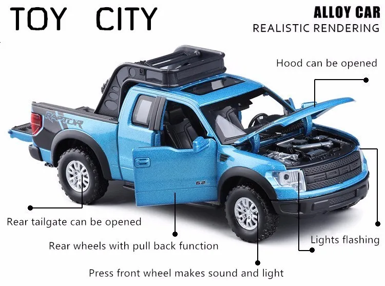 1:32 Ford Raptors F150, модель автомобиля из сплава, игрушка с оттягиванием, флеш и музыка, литье под давлением, металлический пикап, модель, классический американский автомобиль для мальчиков