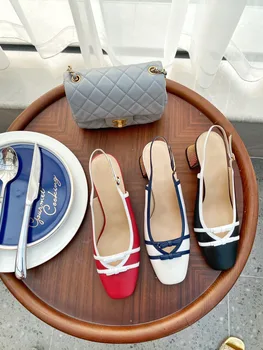 

2020 New Womens Mid Block Heel Slingbacks Leather Fashionable High Heel Sandal Shoes