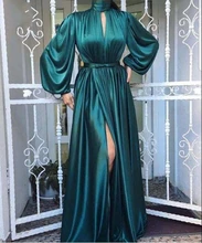 Sexy Dark Green Long Satin Muslim Evening Dresses High Neck Pleated Long Sleeve High Slit Formal Occasion Prom Party Gowns New Special Occasion Dresses