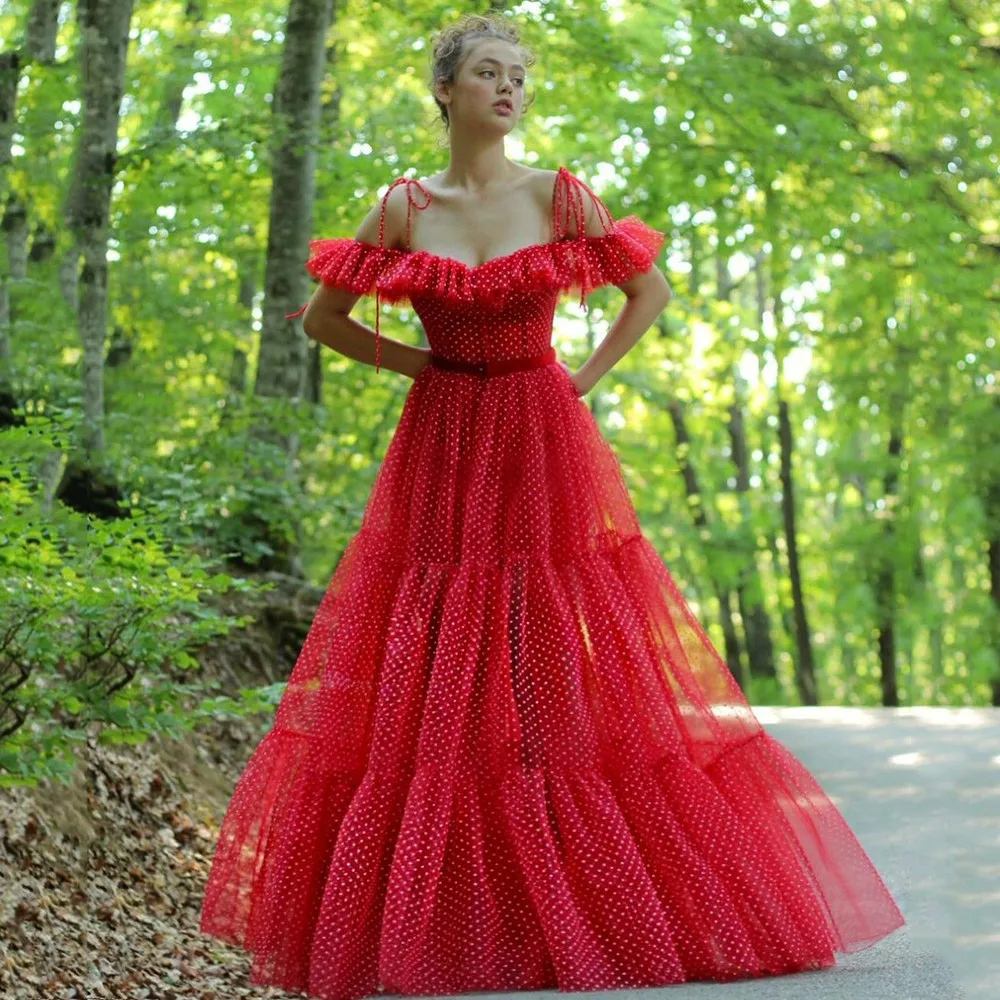 

Красное ТРАПЕЦИЕВИДНОЕ Сетчатое платье BridalAffair в горошек, платье для выпускного вечера с открытыми плечами и короткими рукавами, вечернее платье на бретелях-спагетти, женское платье на молнии сзади