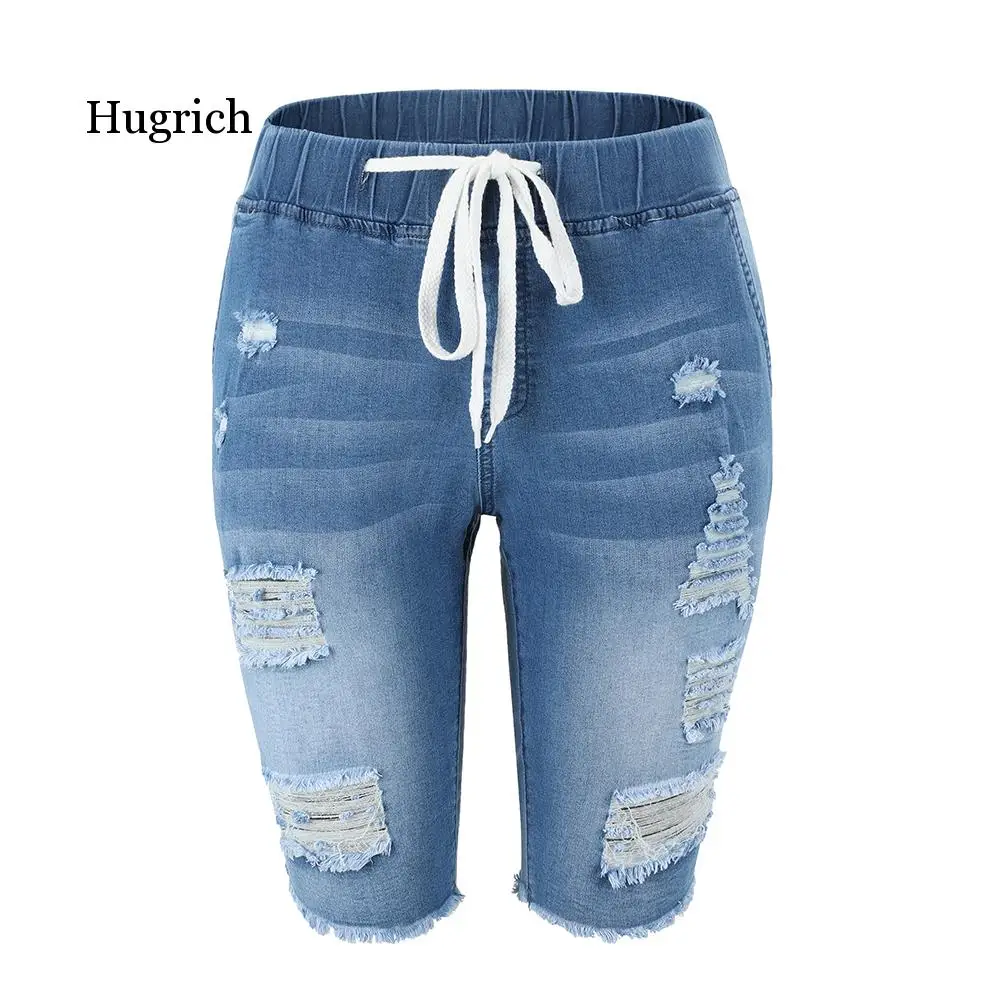 Summer Denim Ripped Bermuda Shorts Women Blue Drawstring Closure Distressed Knee Length Stretch Short Jeans