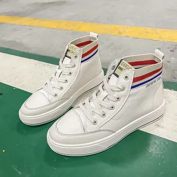 

Genuine Leather Sneakers Women White Shoes High Top 2020 Spring New Female Fashion Flat Sneakers For Women High Sneakers
