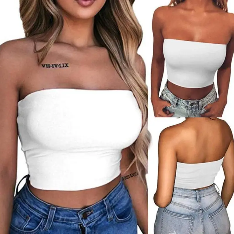 Women Sexy Strapless Off Shoulder Crop Tube Top Solid Color Stretchy Bandeau  Seamless Casual Basic Breast