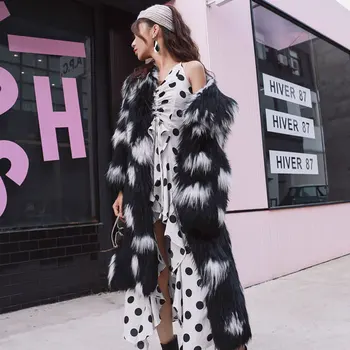 

Winter jacket Womens Black And White Hit Color Lapel Collar Fur Outwears Long Section Winter Warm Fake Fur Coats Clothes Tops