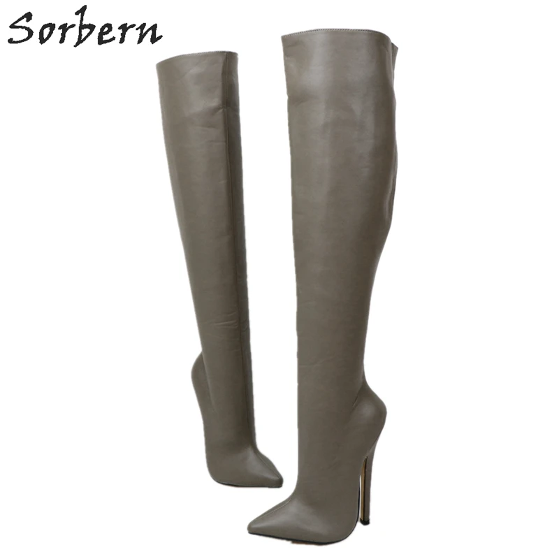 

Sorbern Sexy Fetish High Heel Grey Boots Women 18Cm Stilettos High Heel Thick Pointed Toe Shoes Mid Thigh High Custom Wide Fit