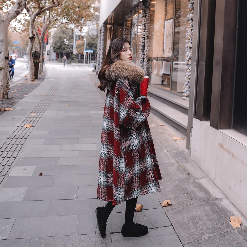 

Woolen Jacket 2018 Winter New Style WOMEN'S Dress Retro British Style Long Hooded Large Fur Collar Plaid Woolen Overcoat