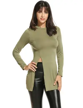 

Madam clothing OWLPRINCESS Leisure pure color long coat of cultivate one's morality of tall waist split women's T-shirt