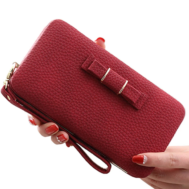 

womens wallets and purses Fashion Multifunctional Litchi Texture Buckle PU Ladies Handbag Bow Wallet (Red) womens wallets and