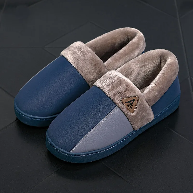 Suihyung/женские кожаные тапочки; зимняя теплая хлопковая обувь с искусственным мехом; домашняя обувь для влюбленных; домашние тапочки; мужские плюшевые тапочки из искусственной кожи - Цвет: Тёмно-синий