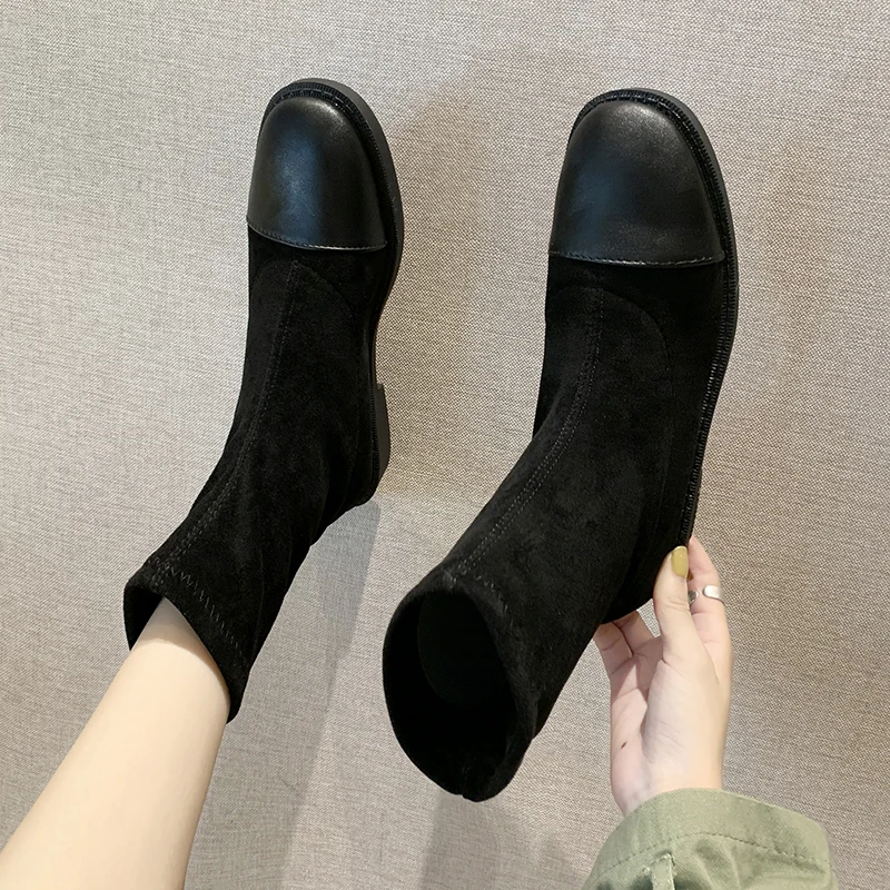 Nice Pop Soft Women Knee High Boots Autumn Round Toes Classic Black Shoes Woman Flat Heels Sexy Ladies Pretty Dress Boot