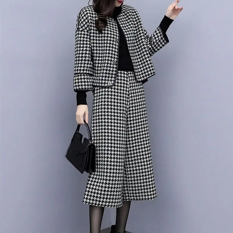 

2020 Spring Houndstooth Two Piece Sets Women Woolen Coat And Cropped Wide Leg Pants Suits Three Quarter Elegant Office Sets
