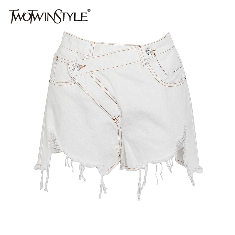TWOTWINSTYLE Casual Asymmteircal Denim Women Shorts High Waist Irregular Hem Patchwork Tassel Short For Female Fashion 2020 Tide TWOTWINSTYLE Casual Asymmteircal Denim Women Shorts High Waist Irregular Hem Patchwork Tassel Short For Female Fashion 2020 Tide