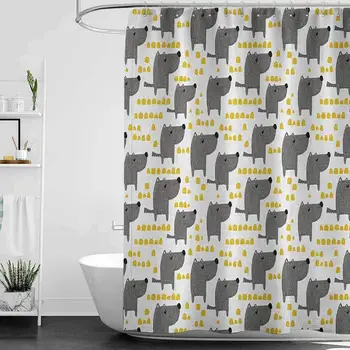 

hengshu Dog Precision Custom Shower Curtain Sketch Style Canine with Abstract Yellow Toned Dots Greyscale Cartoon Pets Modern