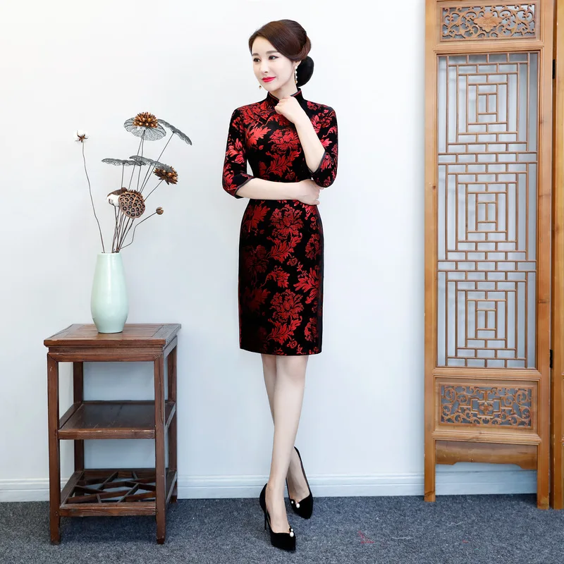 Осень и зима стиль средней длины рубашка с коротким рукавом бархат Cheongsam