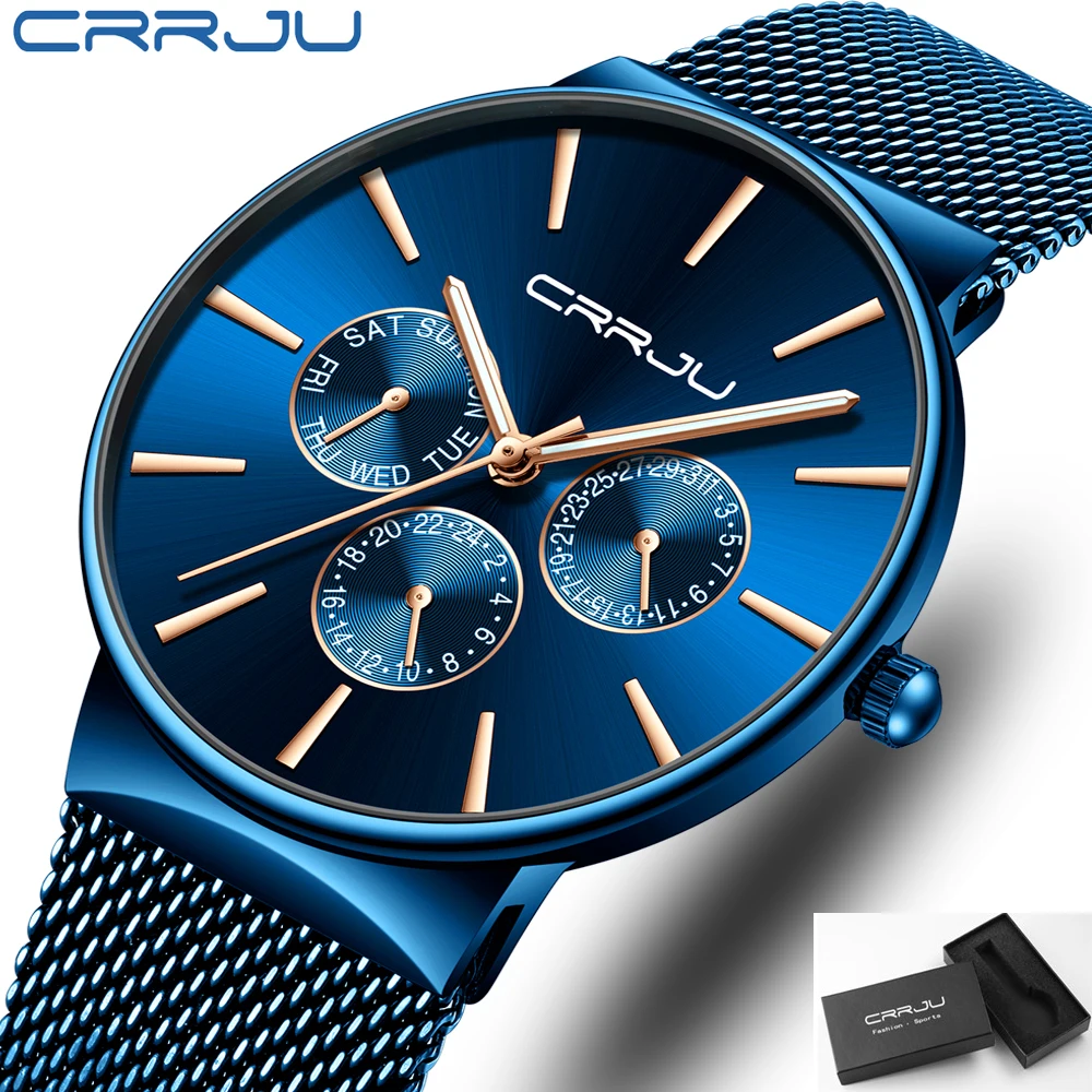 

CRRJU Luxury Brand Men watch Fashion Color Collocation Casual Dress Slim Quartz Watches with Date Business Stylish Blue Clock