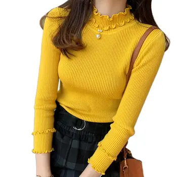 

Women Sweet Ruffles Knit Sweater Rhinestone Faux Pearl Turtleneck Jumper Tops Y1AC