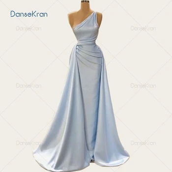 

Pleated Light Blue Prom Dresses One Shoulder Zipper Up Back Formal Evening Dresses For Party Floor Length Satin Formal Gowns