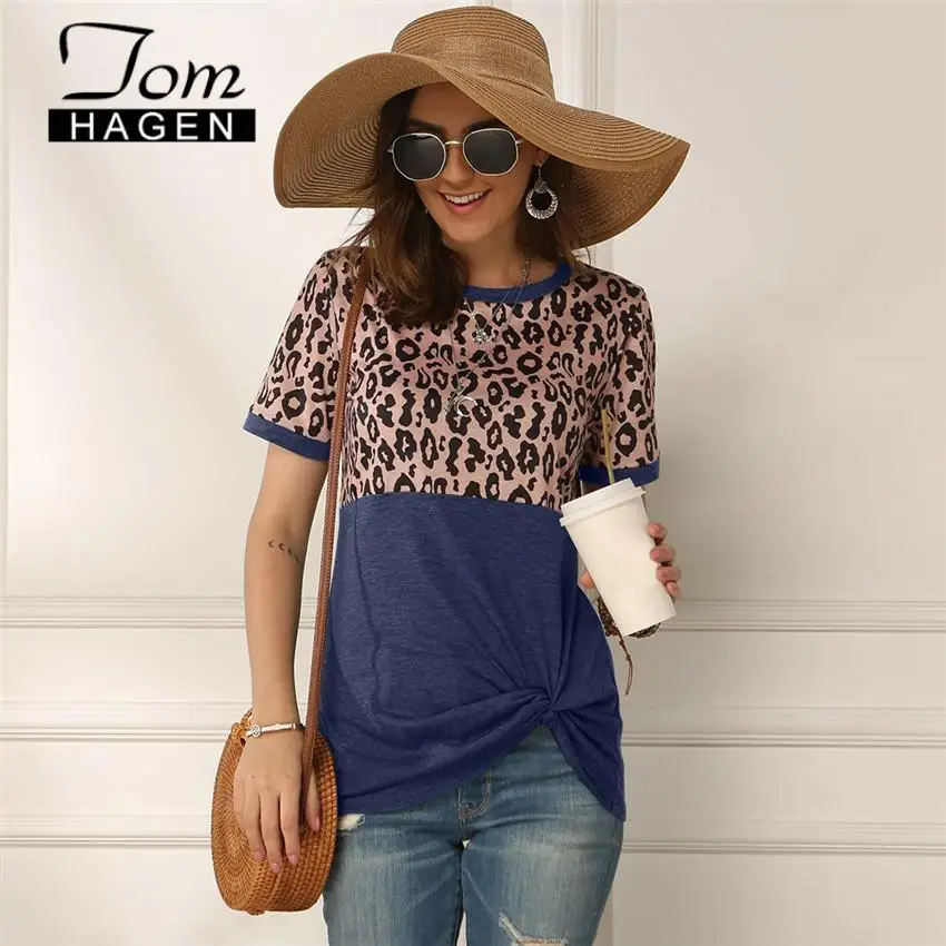 Women's Leopard T-shirt Women Patchwork Top Summer Short Sleeve Tee Shirts Clothes 2022 New Tie Tops Female 2XL | Женская одежда