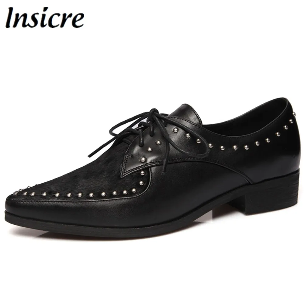 

Insicre Women Pumps Spring Low Heels 3 cm Cow Leather Horsehair Lace Up Pointed Toe Rivet Black Slip On Fashion Female Casual