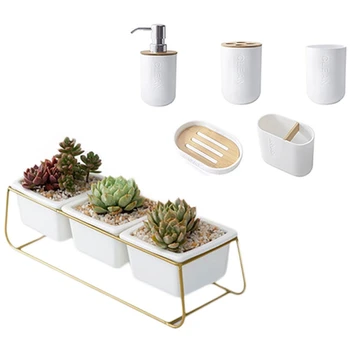 

1set Wrought Iron Flower Pot Set Three Pots & 5Pcs Bamboo Toilet Brush Holder Toothbrush Glass Cup Soap Dispenser